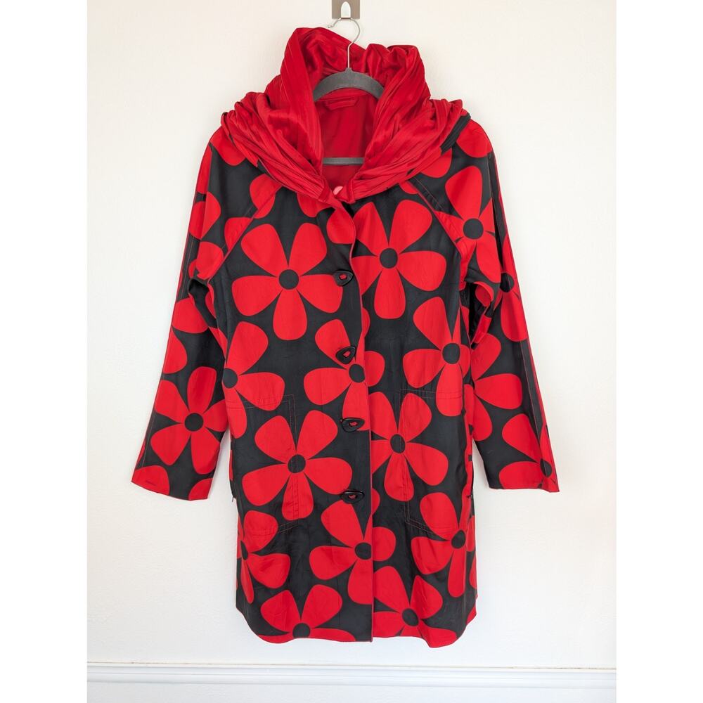 UBU Raincoat Reversible Pleated Floral Hooded Spring Fall Quirky Red Size S
